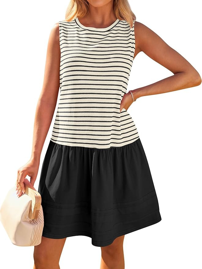 MEROKEETY Women's Summer Sleeveless Sundress Casual Striped Patchwork Mini Tank Dress with Pocket... | Amazon (US)