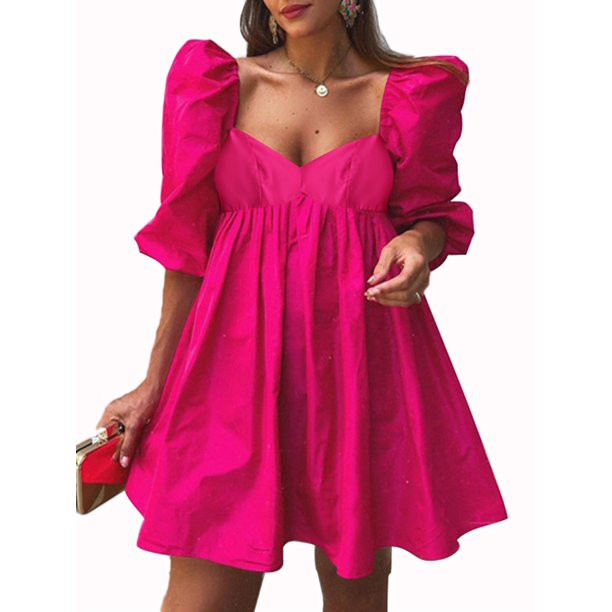 VONDA Women's 3/4 Sleeve Evening Party Sexy Mini Dress Square Collar Holiday Pleated Dress - Walm... | Walmart (US)