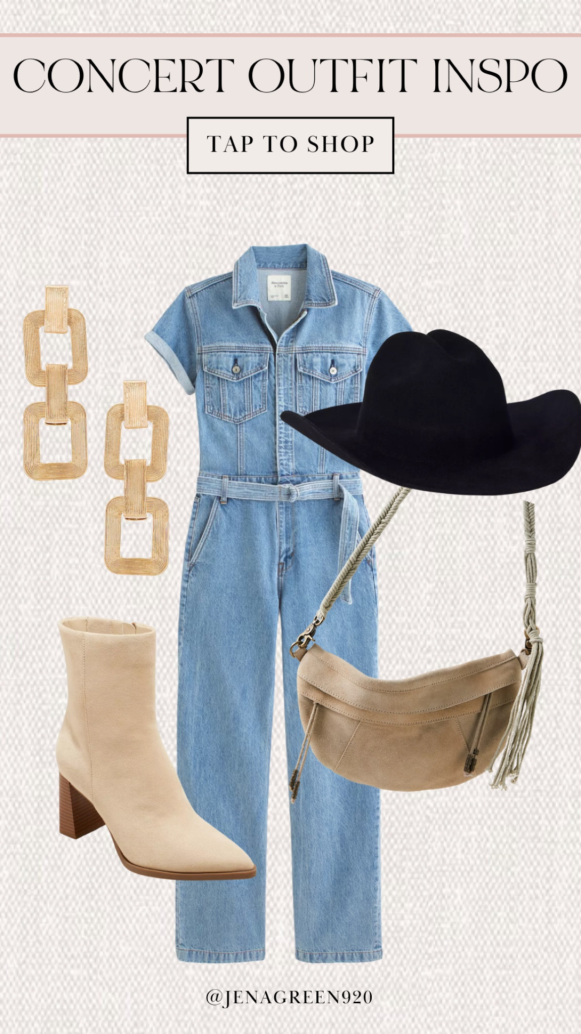 Concert Outfit Inspo | Country Concert | Nashville Outfit | Denim Jumpsuit | Western Hat | Suede Booties | Gold Link Earrings | Suede Fringe Fanny Pack

#LTKSale #LTKitbag #LTKshoecrush