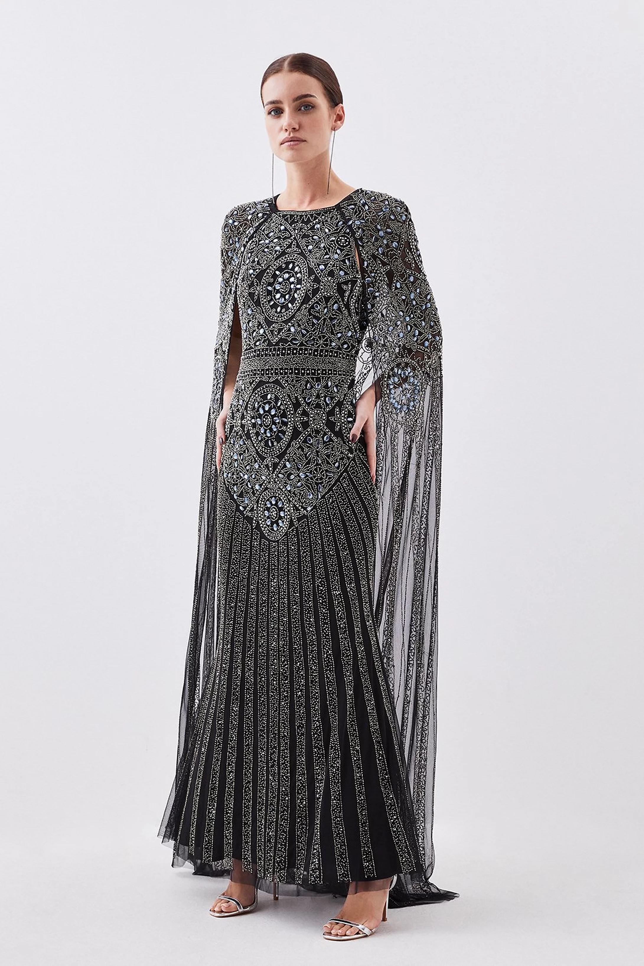 Petite Premium Embellished Caped Woven Maxi Dress | Karen Millen UK + IE + DE + NL