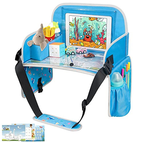 MENZOKE Kids Travel Tray, Car Seat Tray for Kids Travel, Toddler Essentials Girls with Tablet Holder, Road Trip Essentials with Cooler Cup Holder, Dry Erase Board & Storage Pocket for Airplane, Blue | Amazon (US)