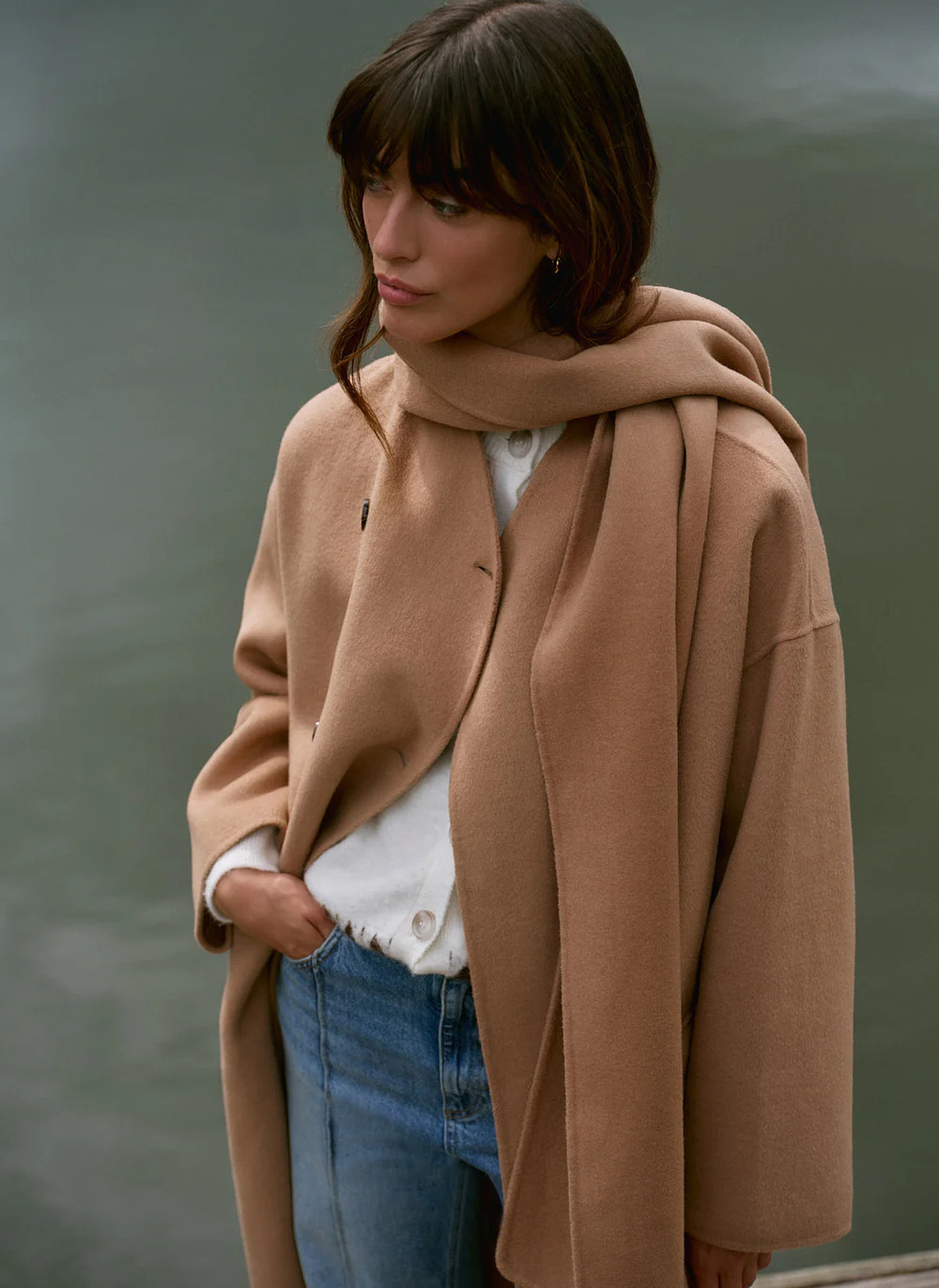 Tan Wool Blend Hand Finished Scarf Coat | Mint Velvet