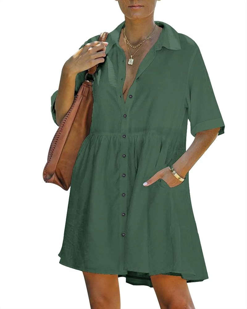 PYGFEMR Women's Short Sleeve Babydoll Dress Button Down Dresses with Pockets | Amazon (US)