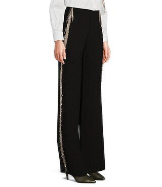 Crepe Rhinestone Fringe High Rise Flat Front Full Length Coordinating Trousers | Dillard's