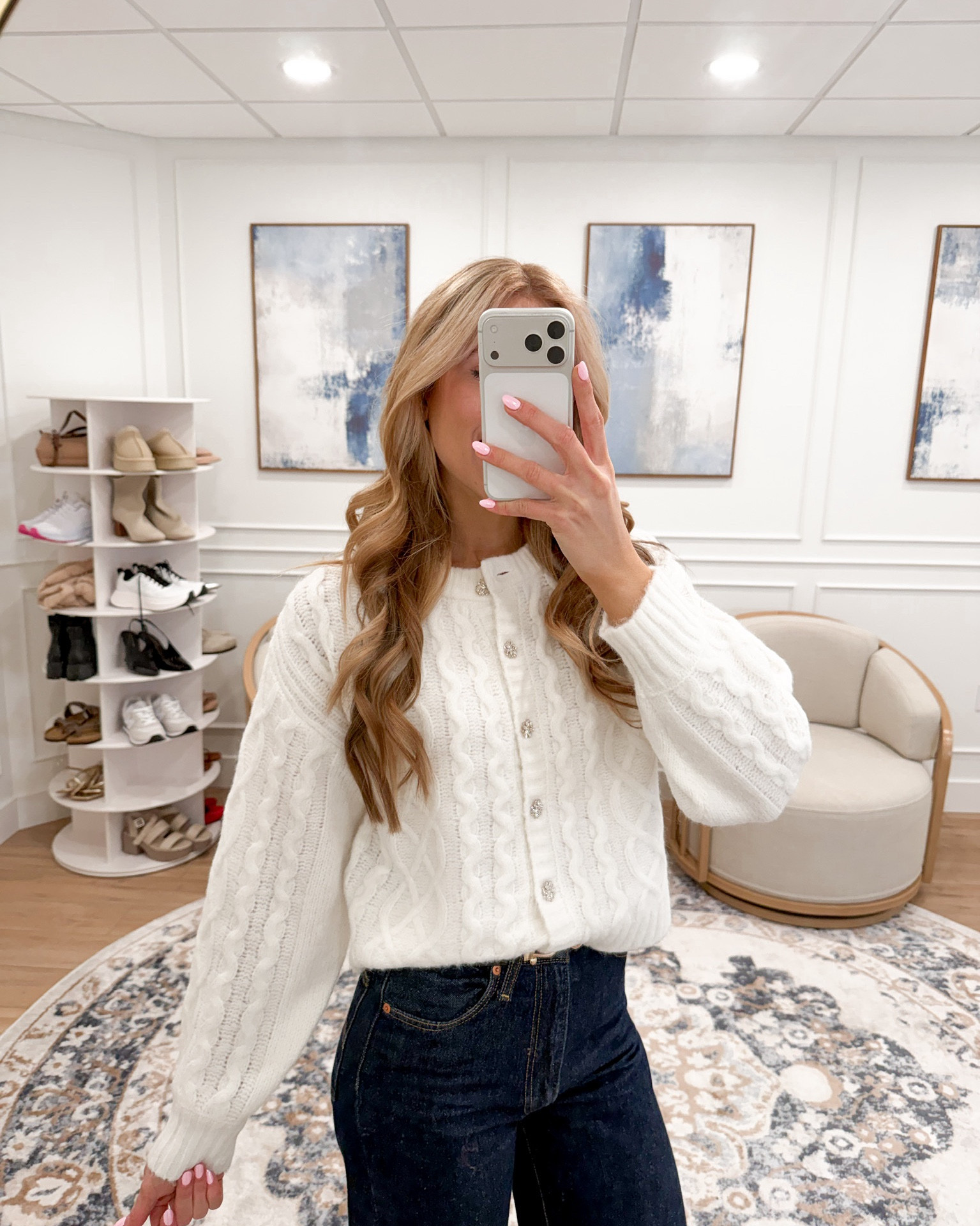 This cozy cardigan is a must-have 🤍 Loving the cable-knit texture and sparkle diamond buttons for an elevated winter look!
Wearing size small 

#LTKSeasonal #LTKWorkwear #LTKFindsUnder50