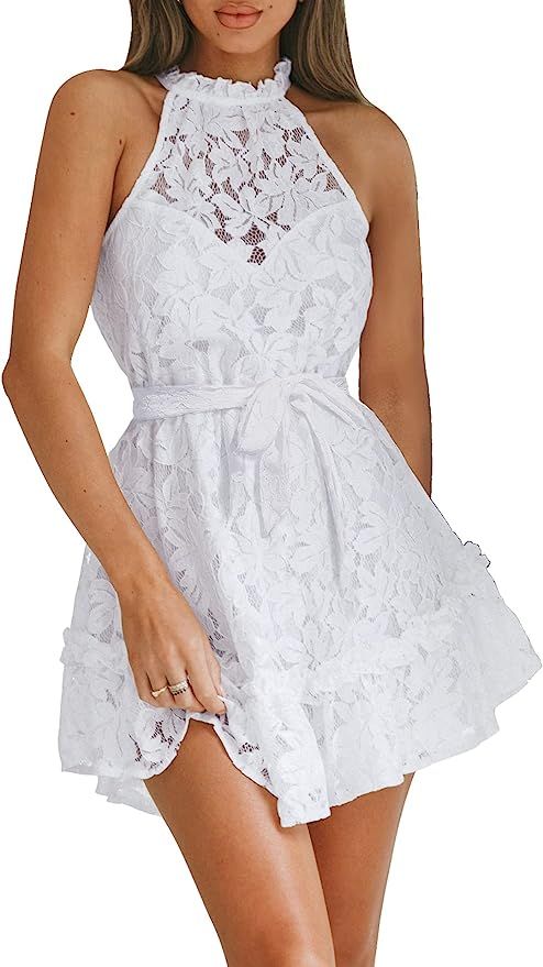 EXLURA Women's Sleeveless Lace Halter Neck Dress Floral Wedding Guest Elegant Dress Cocktail Part... | Amazon (US)
