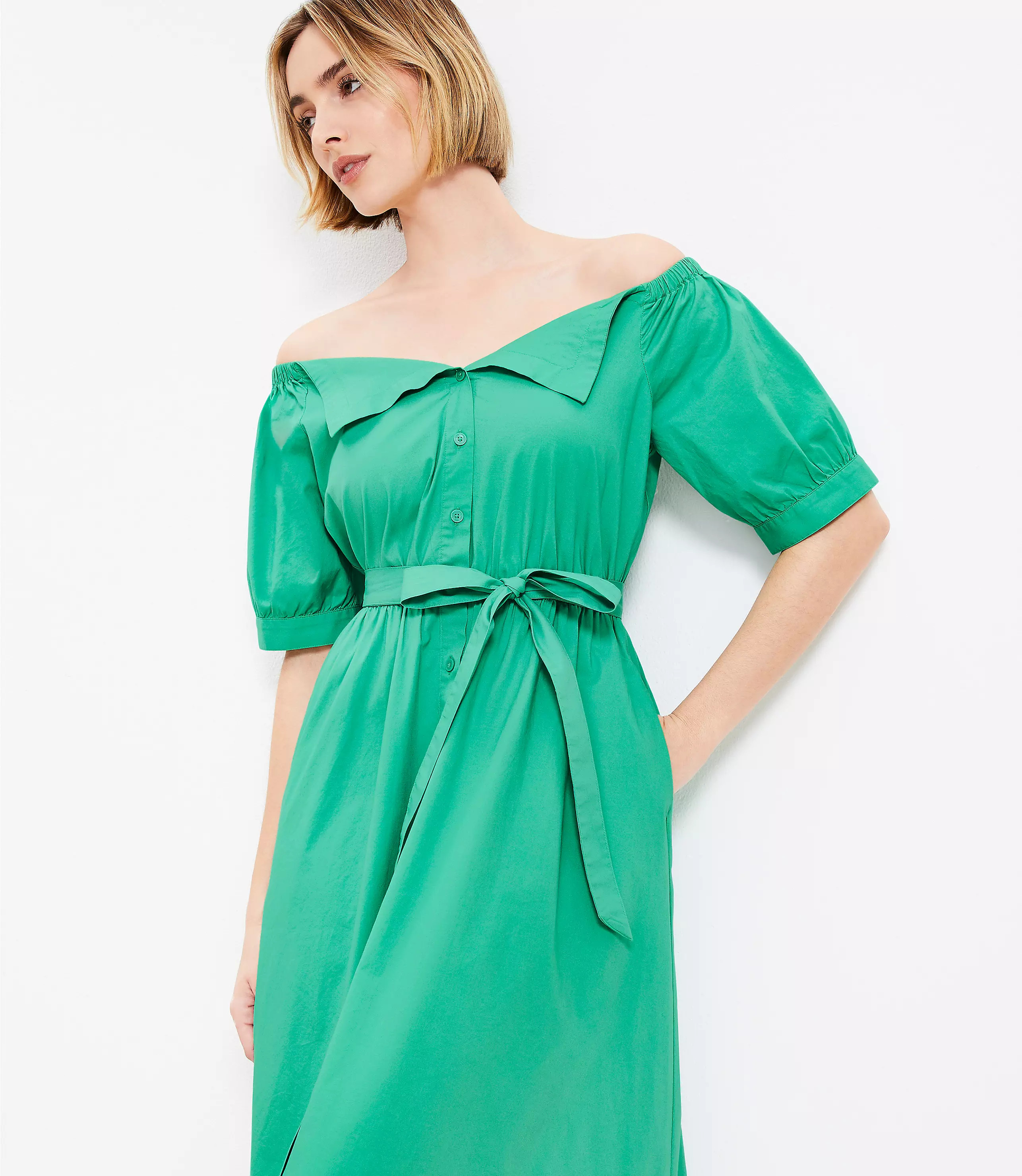 Off The Shoulder Midi Pocket Shirtdress | LOFT