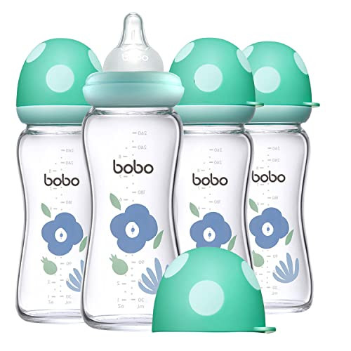 YOHKOH Natural Glass Baby Bottle with Natural Response Nipple, Newborn Anti-Colic Baby Bottles, Wide Neck Mushroom Cap Baby Bottle, Clear (Blue, (8.8oz (Pack of 4)) | Amazon (US)