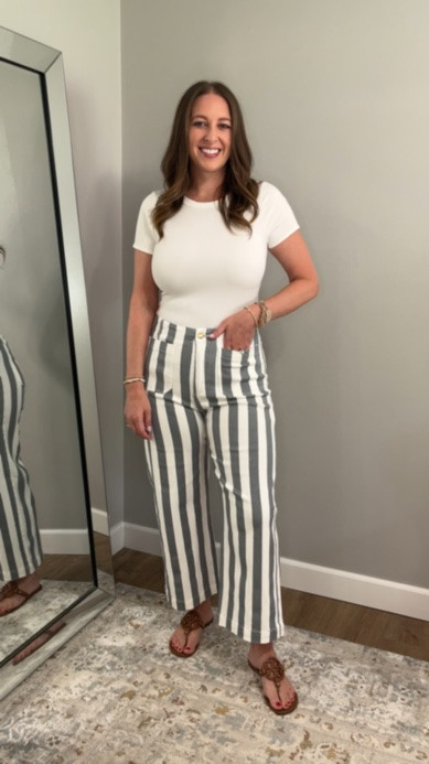 I think these striped pants are adorable and so fun!

True to size, has great stretch & comes in other colors

Summer outfit // summer outfits 2026 // work outfit // office outfit // business casual // workwear // work outfits // office outfits // business casual workwear // date night outfits // striped pants // spring denim // summer denim

#LTKootd #LTKSeasonal #LTKWorkwear