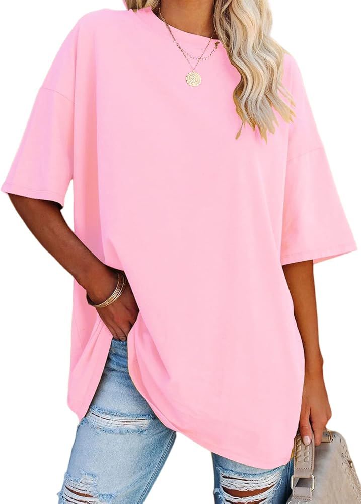 YEXIPO Women's Oversized T Shirts Summer Short Sleeve Loose Fit Casual Crewneck Plain Tunic Tops | Amazon (US)