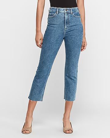 Super High Waisted Raw Hem Straight Cropped Jeans | Express