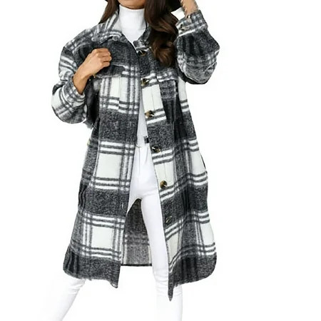 Women Flannel Plaid Jacket Trendy Autumn and Winter Long Shirt Tartan Overshirt Trench Coats Loose C | Walmart (US)