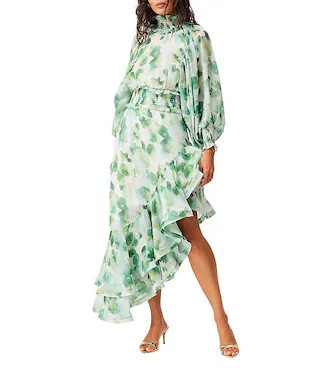 Floral Printed Georgette Smocked High Neck Long Sleeve Asymmetrical Ruffle Midi Dress | Dillard's