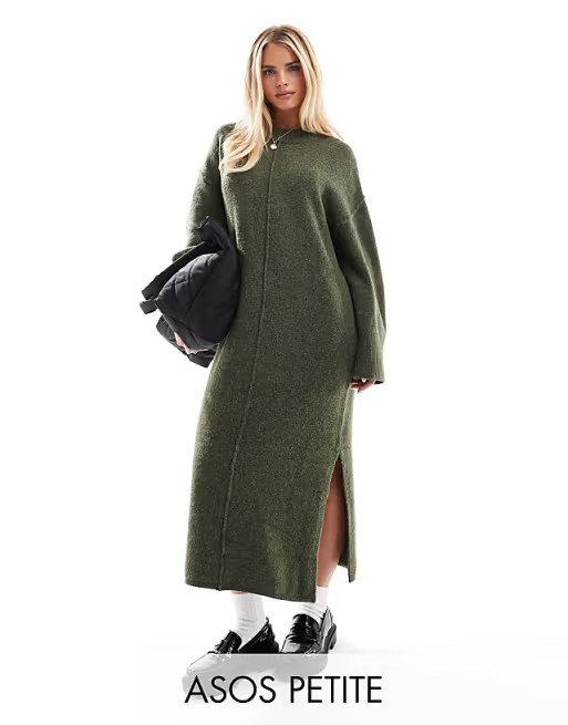 ASOS DESIGN Petite seam front knit midaxi dress khaki | ASOS (Global)