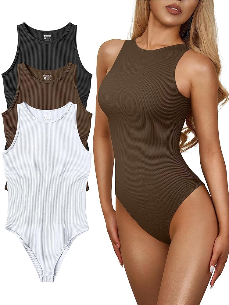 OQQ Women's 3 Piece Bodysuits Sexy Ribbed One Piece Sleeveless Halter Neck Tops Leotard Summer Tr... | Amazon (US)