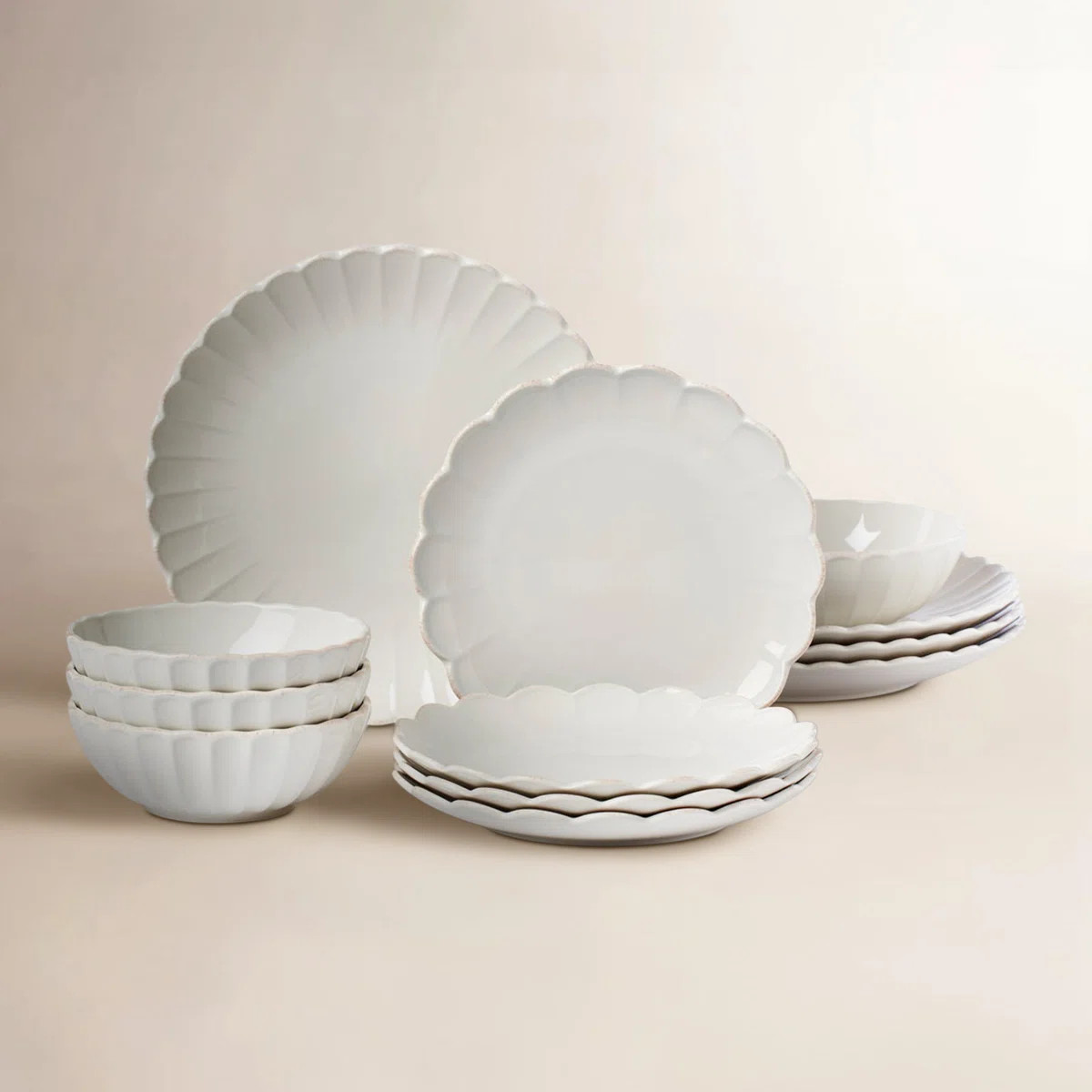 French Perle Scallop White Scallop 12 Piece Dinnerware Set, Service for 4 | Wayfair North America