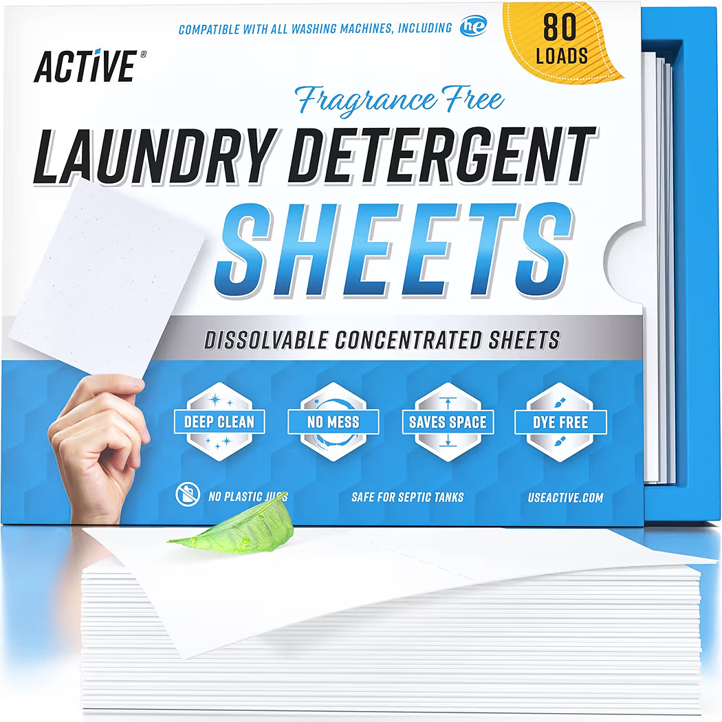 ACTIVE Laundry Detergent Sheets Eco Washing Strips - 80 Loads, Free & Clear Liquidless Clothes Wa... | Amazon (US)