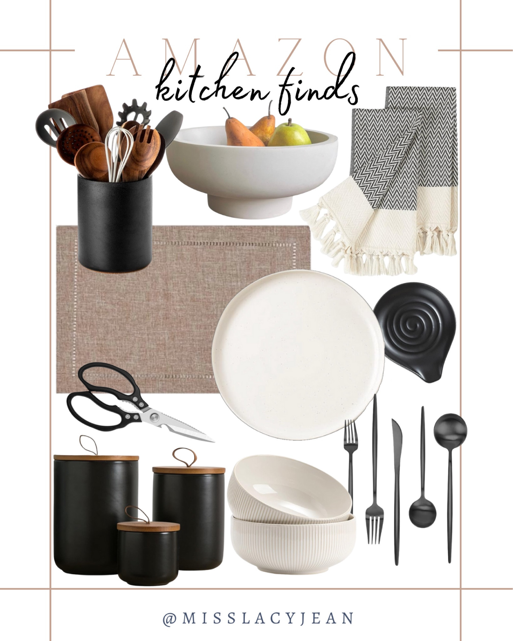 Amazon kitchen finds include placemats, kitchen scissors, canisters, bowls, flare ware, dinner plates, spoon rest, kitchen towels, decorative bowls, and utensils.

Home decor, kitchen decor, kitchen finds, looks for less

#LTKfindsunder100 #LTKhome #LTKstyletip