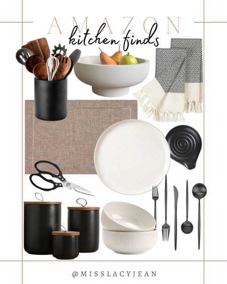 Amazon kitchen finds include placemats, kitchen scissors, canisters, bowls, flare ware, dinner plates, spoon rest, kitchen towels, decorative bowls, and utensils.

Home decor, kitchen decor, kitchen finds, looks for less

#LTKfindsunder100 #LTKhome #LTKstyletip