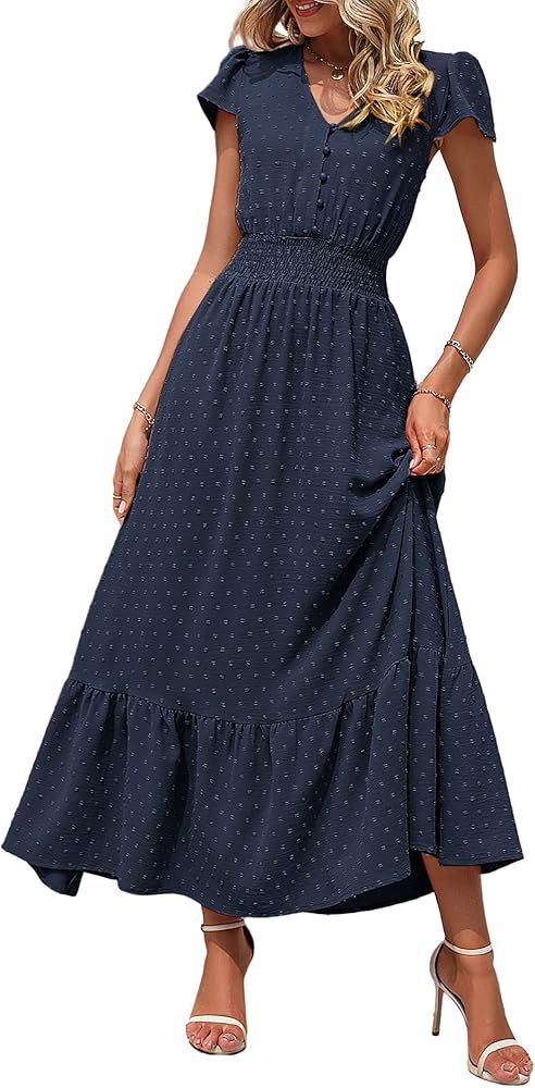 PRETTYGARDEN Womens Boho Short Sleeve V Neck Swiss Dot Ruffle Tiered Smocked Long Cocktail Dress | Amazon (US)