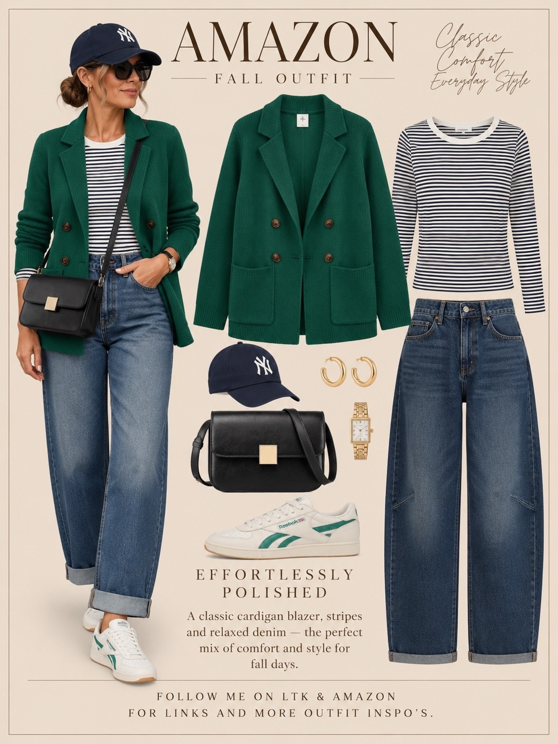 This is my favorite kind of fall outfit—the pieces feel easy, but together they look completely pulled together. The structured green cardigan gives the look its polish and that gorgeous saturated color instantly makes simple denim feel more intentional. I love the striped long-sleeve tee underneath for a little pattern and visual interest without competing with the cardigan.

Then there are the barrel jeans—relaxed, modern and just slouchy enough to keep the outfit from feeling too dressed up. Add the retro sneakers and navy cap and it becomes that perfect mix of polished and relaxed that actually works for everyday life. Classic pieces, but with enough personality to make the outfit interesting. #AmazonFashion #AmazonFinds #AmazonStyle #FallOutfit #FallStyle #CardiganStyle #StructuredCardigan #BarrelJeans #StripedTee #CasualChic #PolishedCasual #RelaxedStyle #EverydayStyle #ClassicStyle #Over40Style #Over50Style #LTKStyle #FallFashionInspo

#LTKootd #LTKOver40 #LTKMidsize