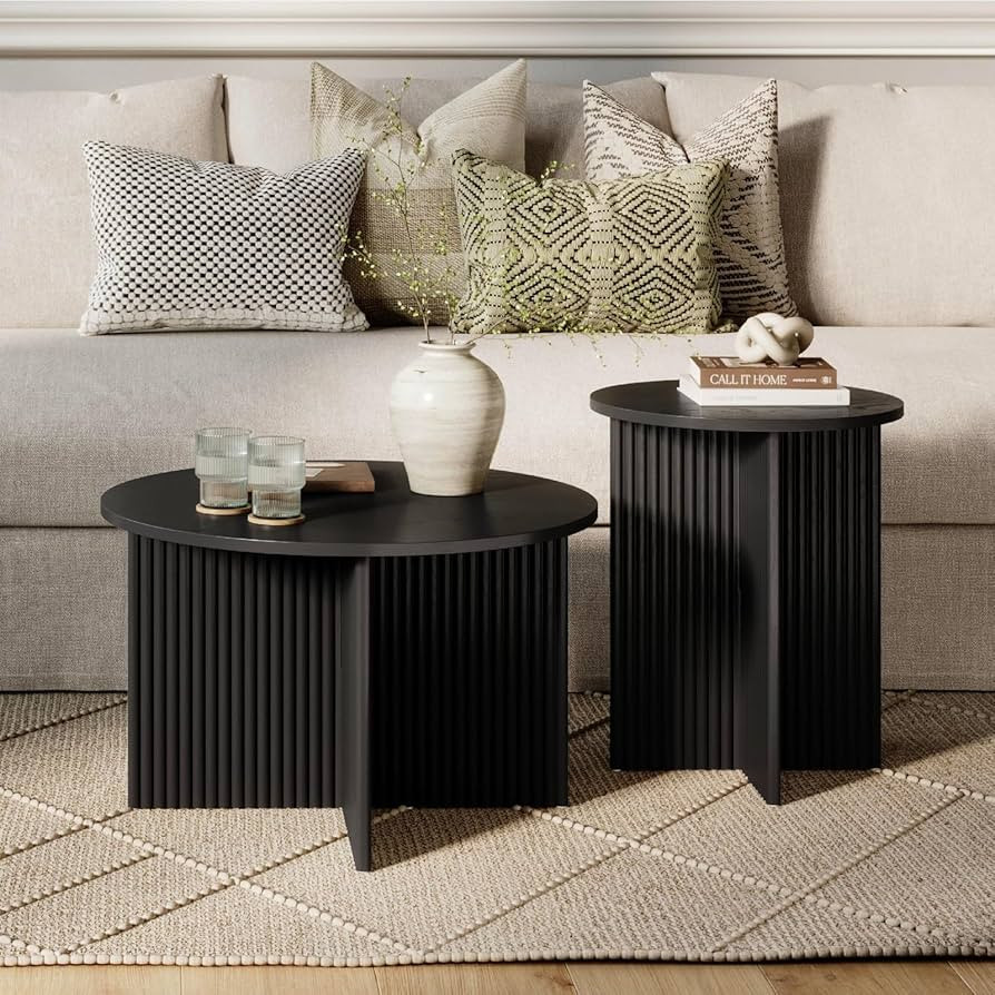 Modern Wood Round Fluted Nesting Coffee Table - Blackened Oak Finish - Side Table with Grain Vene... | Amazon (US)