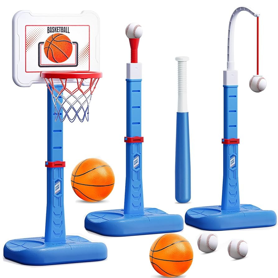 3 in 1 Kids Basketball Hoop and T Ball Set, Adjustable Height Toddler Basketball Hoop, Hanging Te... | Amazon (US)