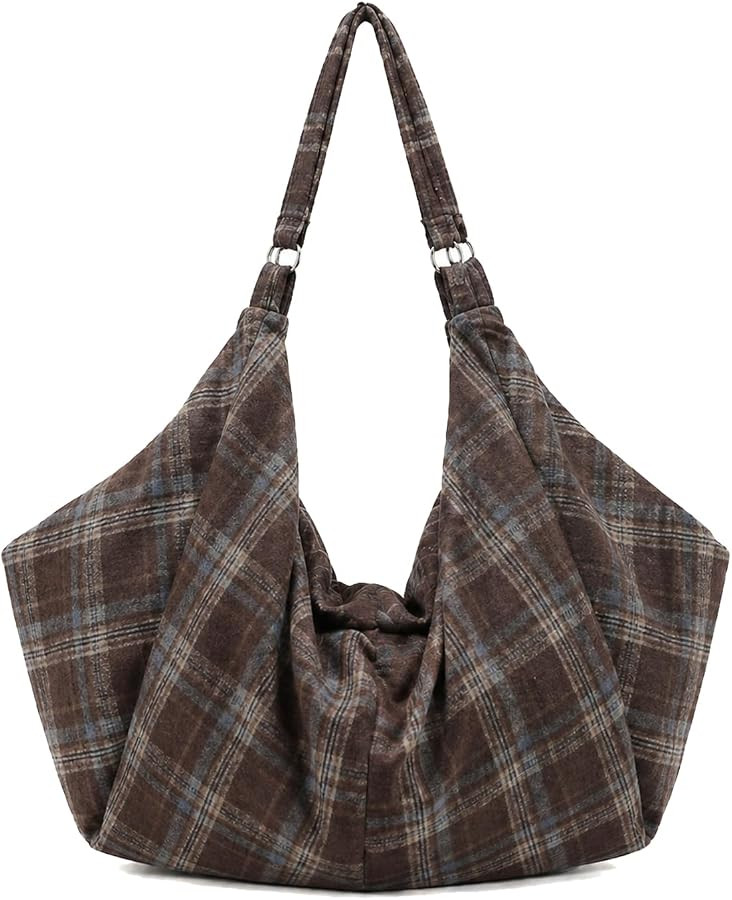 Women Large Checkered Flannel Hobo Bag Casual Gym Shoulder Purse Work Travel Slouchy Tote Handbag | Amazon (US)