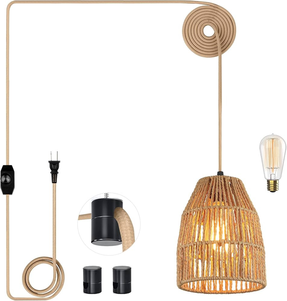 Plug in Pendant Light, Hanging Lights with 15ft Golden Cotton Cord & Stepless Dimming Switch, Han... | Amazon (US)