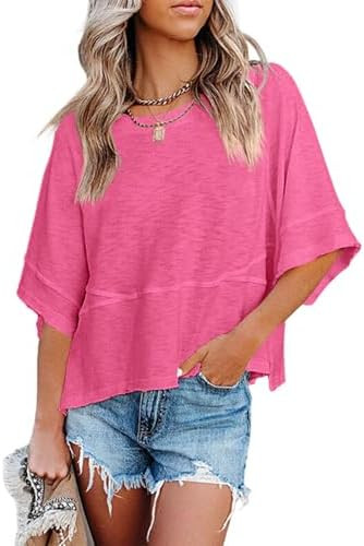 Sovelen Women's Summer Casual Crewneck Batwing Half Sleeve T-Shirts Solid Color Loose Fit Cute Ba... | Amazon (US)
