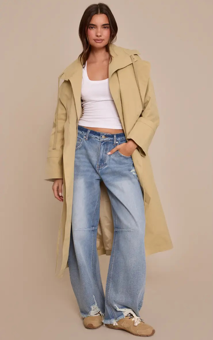 Jeans | Mid Blue Distressed Barrel Jeans | PrettyLittleThing | PrettyLittleThing UK