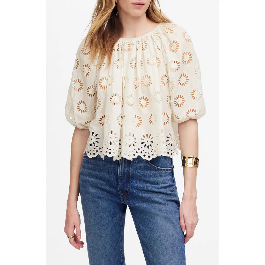 Madewell Embroidered Shirred Puff Sleeve Top in Floral Eyelet at Nordstrom Rack, Size Xx-Small | Nordstrom Rack