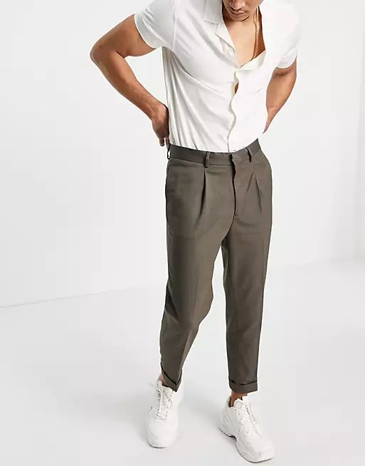 ASOS DESIGN tapered turnup smart pants in khaki twill | ASOS (Global)