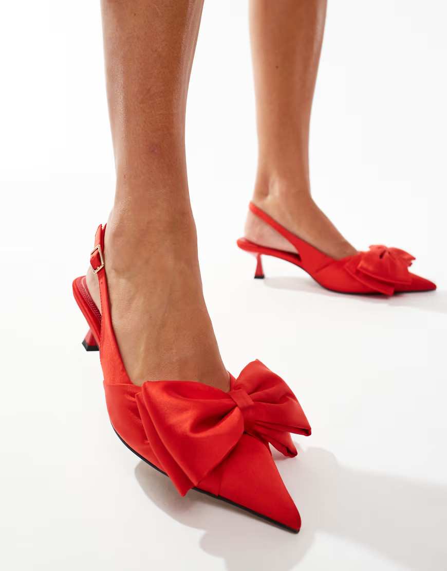 ASOS DESIGN Secret bow slingback kitten heeled shoes in red | ASOS (Global)