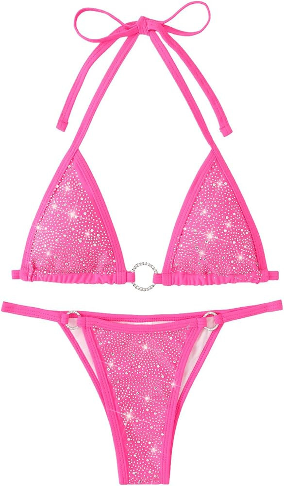 Women's Sparkly Rhinestone Halter Triangle O Ring Top String Thong High Cut Bottom 2 Pieces Bikin... | Amazon (US)