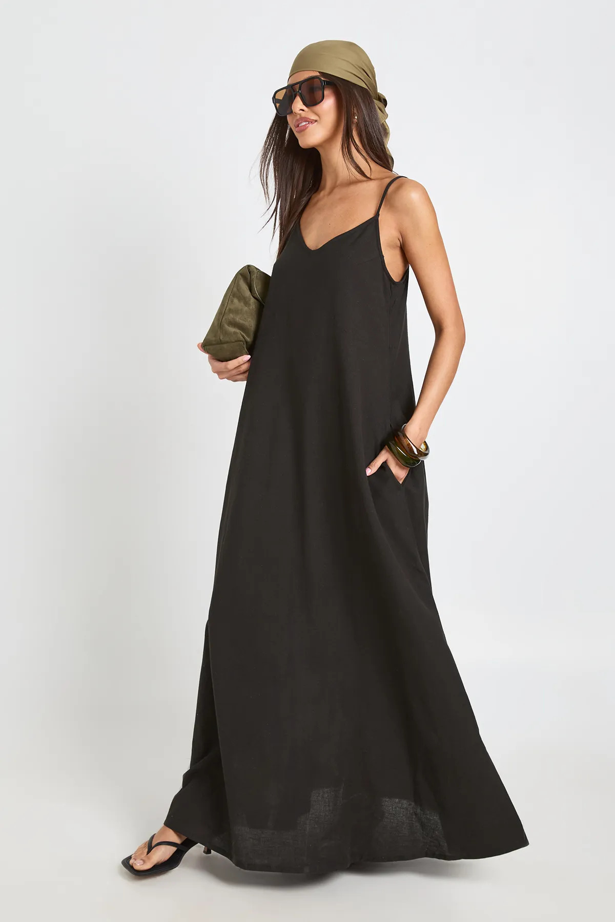 Black Linen Hanky Hem Maxi Dress | Boohoo | Boohoo.com (UK & IE)