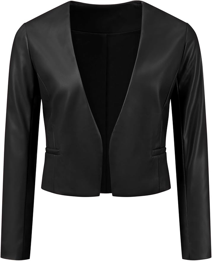 Allegra K Faux Leather Jacket for Women's Collarless Open Front Crop PU Moto Biker Jackets | Amazon (US)
