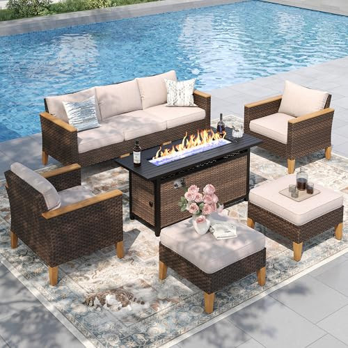 PHI VILLA 8-Piece Outdoor Sectional Patio Conversation Set with 56" Gas Fire Pit Table Table, Outdoor Rattan Furniture Patio Set for 7 Seats with Cushions, Beige | Amazon (US)