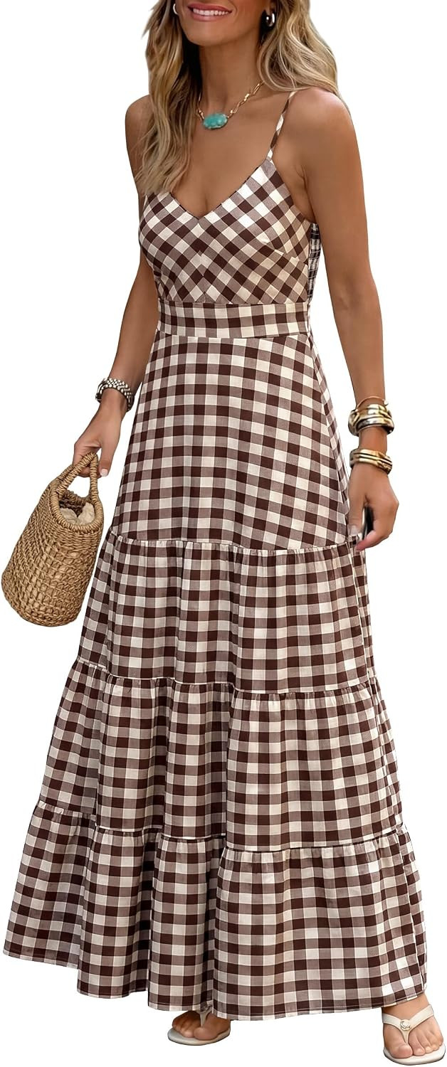 Caracilia Womens Summer Gingham Striped Flowy Spaghetti Strap Maxi Dress | Amazon (US)