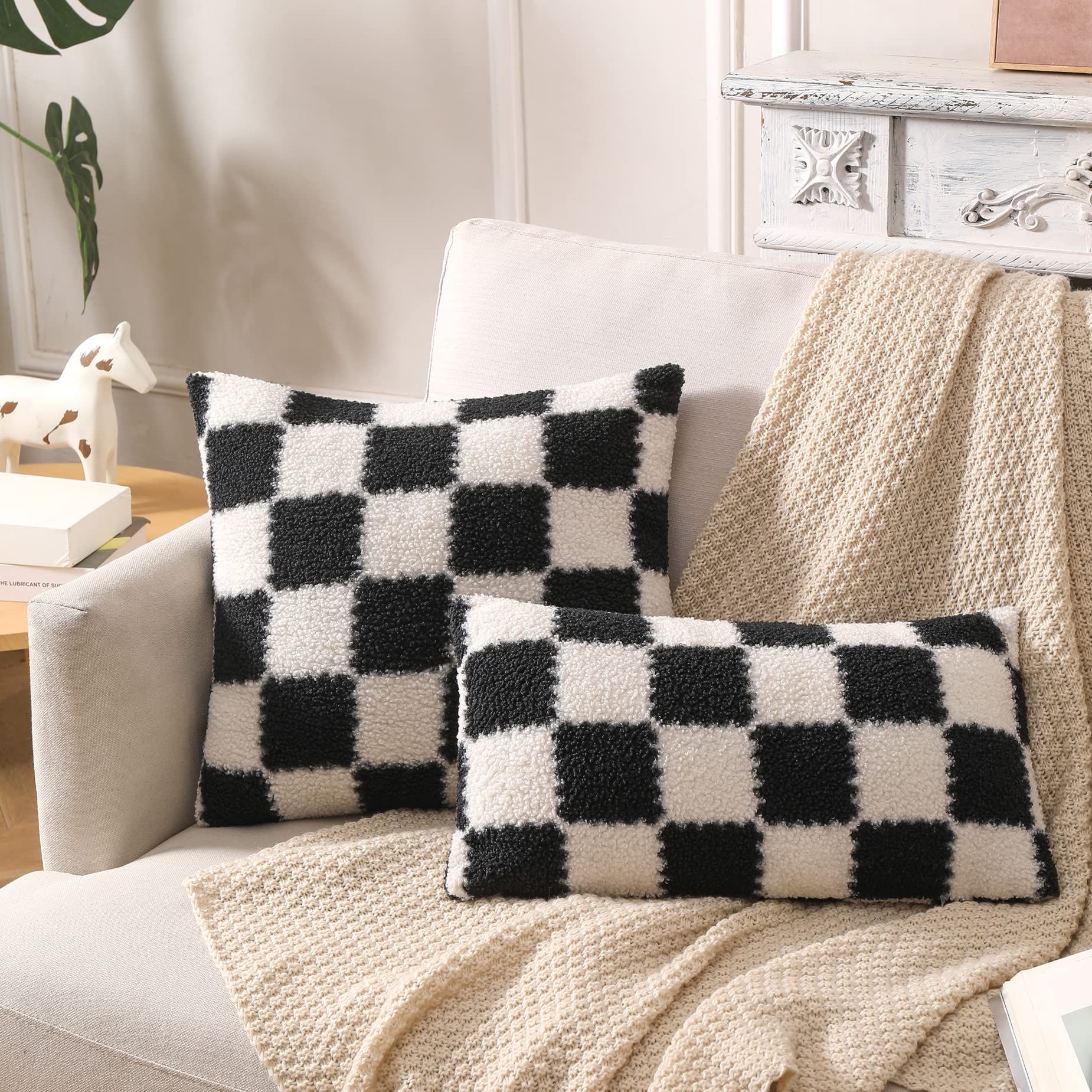 Fluffy Cesthetic Throw Pillow Covers Pack of 2 Cute Decorative Pillows Checkerboard Pattern Cushion  | Amazon (CA)