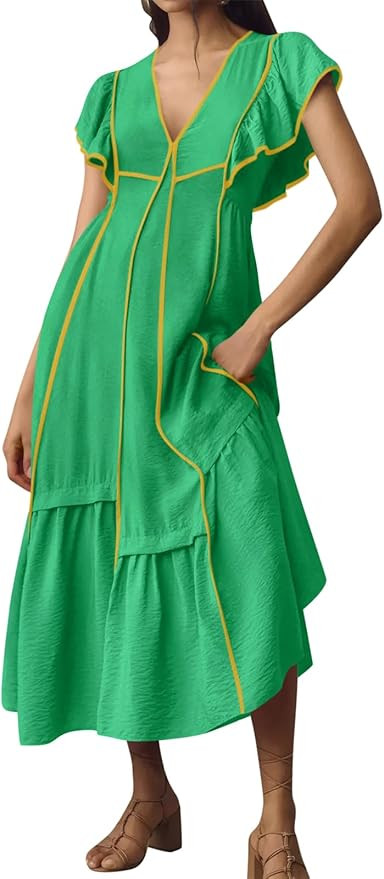 Wenrine Womens Summer V Neck Midi Dress Casual Ruffle Sleeve Contrast Color Loose Fit Flowy Long ... | Amazon (US)