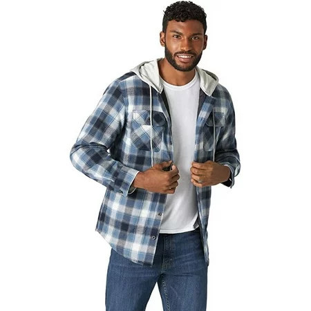 Wrangler Authentics Men s Long Sleeve Quilted Lined Flannel Shirt Jacket with Hood Blue/Black Medium | Walmart (US)