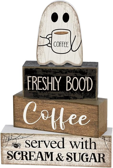 Lineshading 4 Pcs Halloween Coffee Table Decor Wooden Ghost Coffee Bar Sign | Amazon (US)