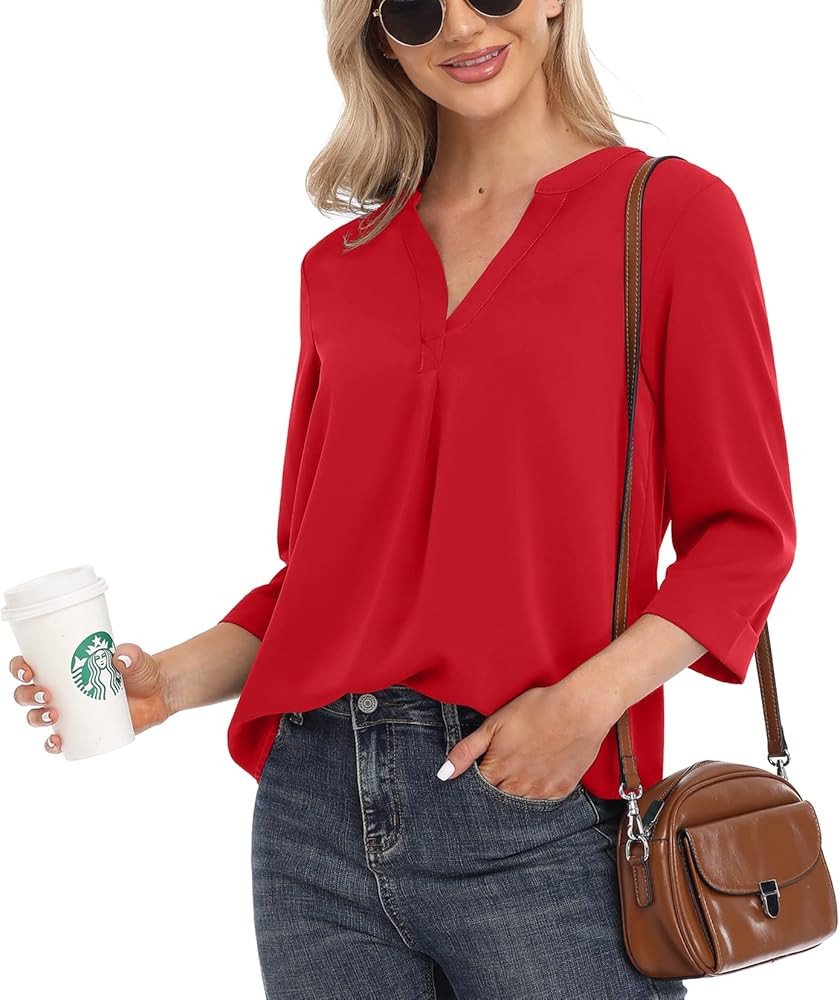 VIISHOW Womens Tops Casual Chiffon Blouses Tops 3/4 Sleeve V Neck Tunic Top Loose Shirt | Amazon (US)