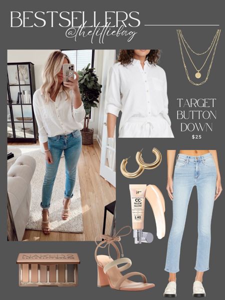 Bestseller: Target button down. Fab for spring. Wearing small. Jeans and sandals TTS. Amazon sandals. Target finds. Spring outfits  

#LTKSeasonal #LTKunder50 #LTKstyletip