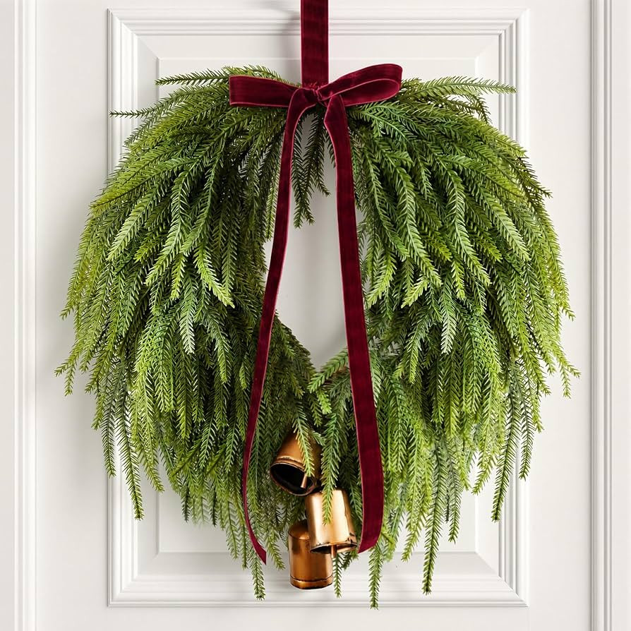 24\u201d Christmas Wreaths for Front Door, Norfolk Pine Wreath Bow Bells | Amazon (US)
