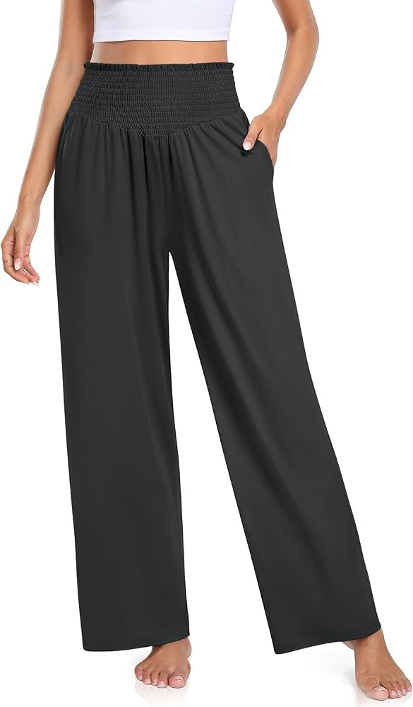 TARSE Women Wide Leg Yoga Pants Smocked Ruffle High Waisted Comfy Lounge Pajama Pants Casual Loos... | Amazon (US)