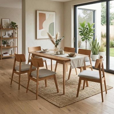GDFStudio Preston Scandinavian Modern 7-Piece Wood Dining Set with 6 Upholstered Chairs, Natural/Beige | Target