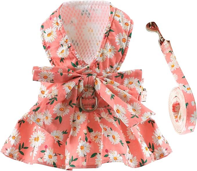 BAEJMJK Dog Dress Bowknot Harness Leash Set for Small Dogs Cats Daisy Floral Girl Dog Dresses Cut... | Amazon (US)