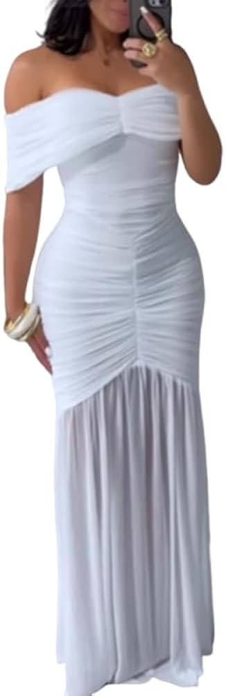Women's Formal Dress Off Shoulder Cinched Waist Ruched Slim Fit Dress Mermaid Hem Maxi Cocktail P... | Amazon (US)